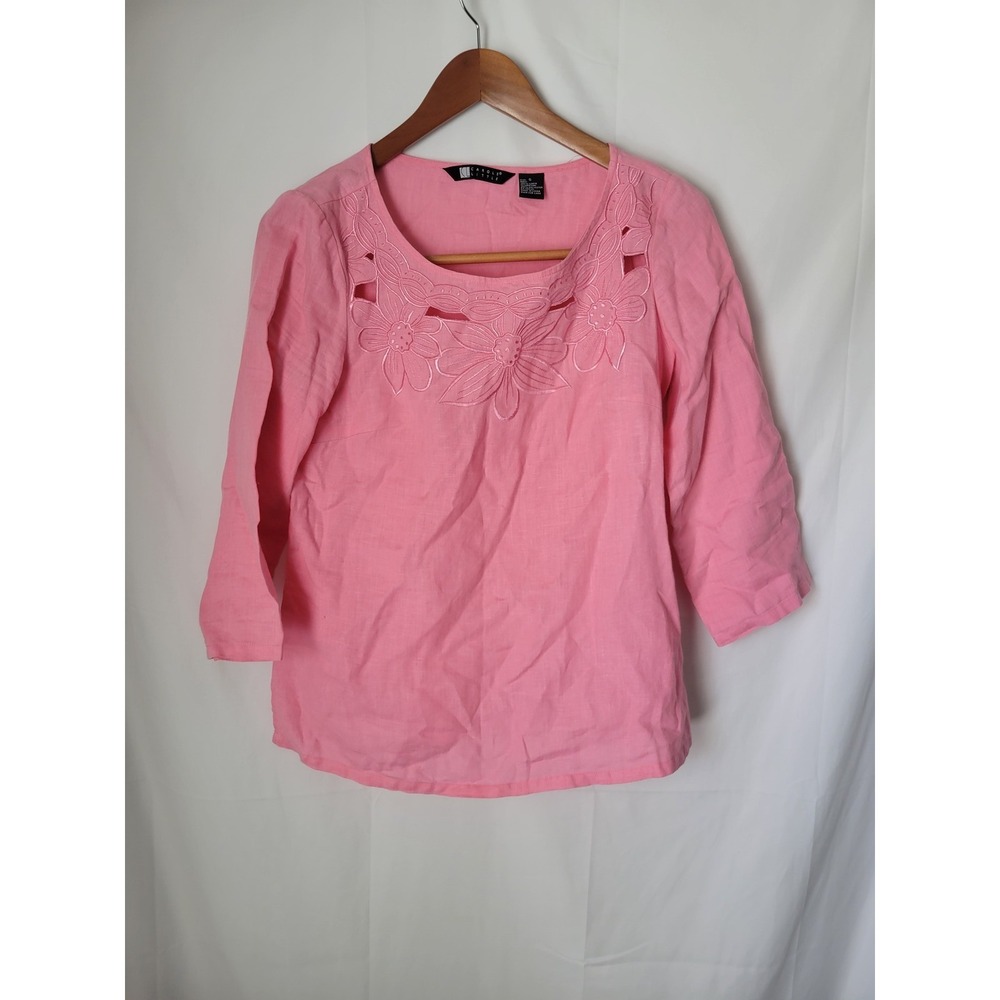 Carole Little Women's Pink 100% Linen Embroidered Cut Out Neckline 3/4 Sleeve